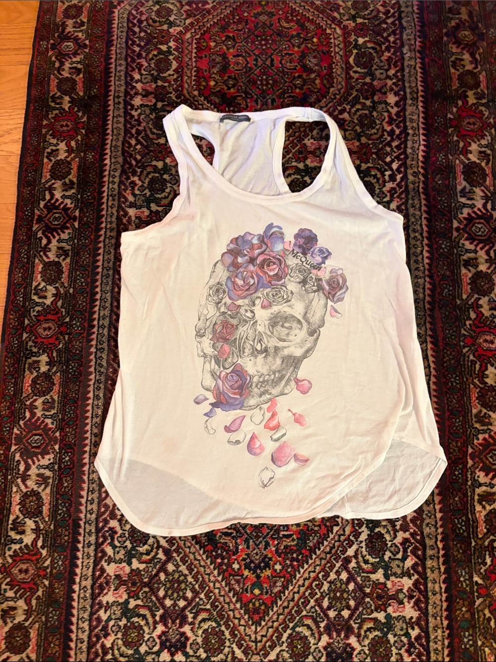 Alexander McQueen White Tank with Skull and Pink/Purple Roses